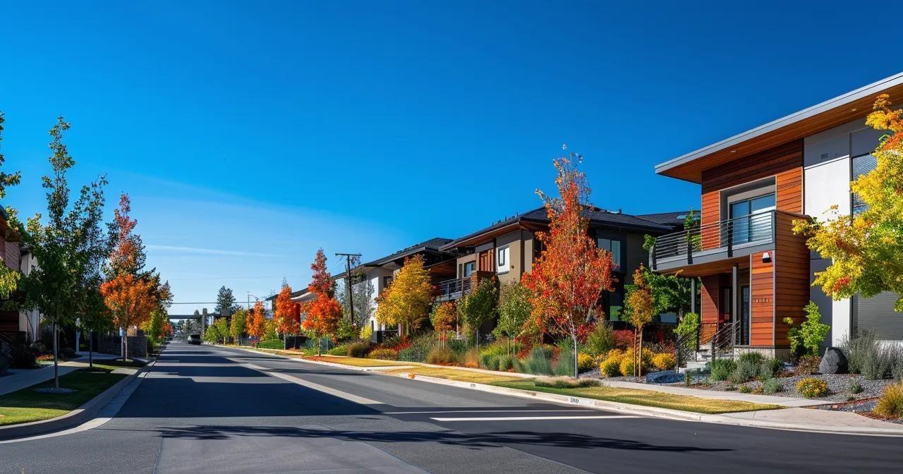 a modern urban landscape showcasing a vibrant boise neighborhood with stylish homes for sale, featuring contemporary architecture and inviting street views under a clear blue sky.