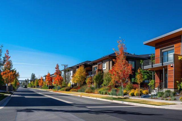 a modern urban landscape showcasing a vibrant boise neighborhood with stylish homes for sale, featuring contemporary architecture and inviting street views under a clear blue sky.