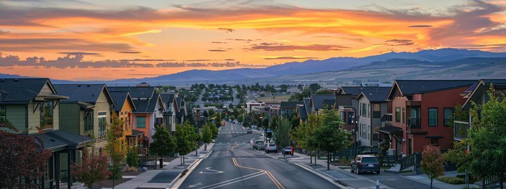 a vibrant urban scene showcasing a diverse selection of stylish homes in various architectural styles against the backdrop of boise's bustling city life, capturing the essence of community and opportunity for prospective homeowners.