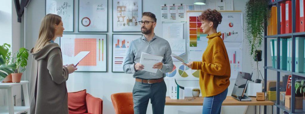 a focused real estate agent stands in a modern office, surrounded by colorful charts and property listings, discussing home-buying strategies with an attentive couple examining their financial options on sleek digital tablets.
