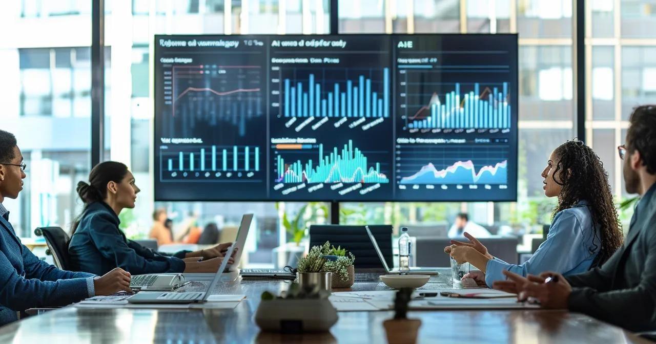 a sleek urban office space showcases a diverse team of professionals engaged in a dynamic discussion around a modern conference table, with digital graphs and trends about the housing market prominently displayed on a large screen behind them.